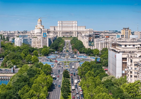 Piața Unirii (Union Square) and the Palace of the Parliament in Bucharest, the capital of Romania